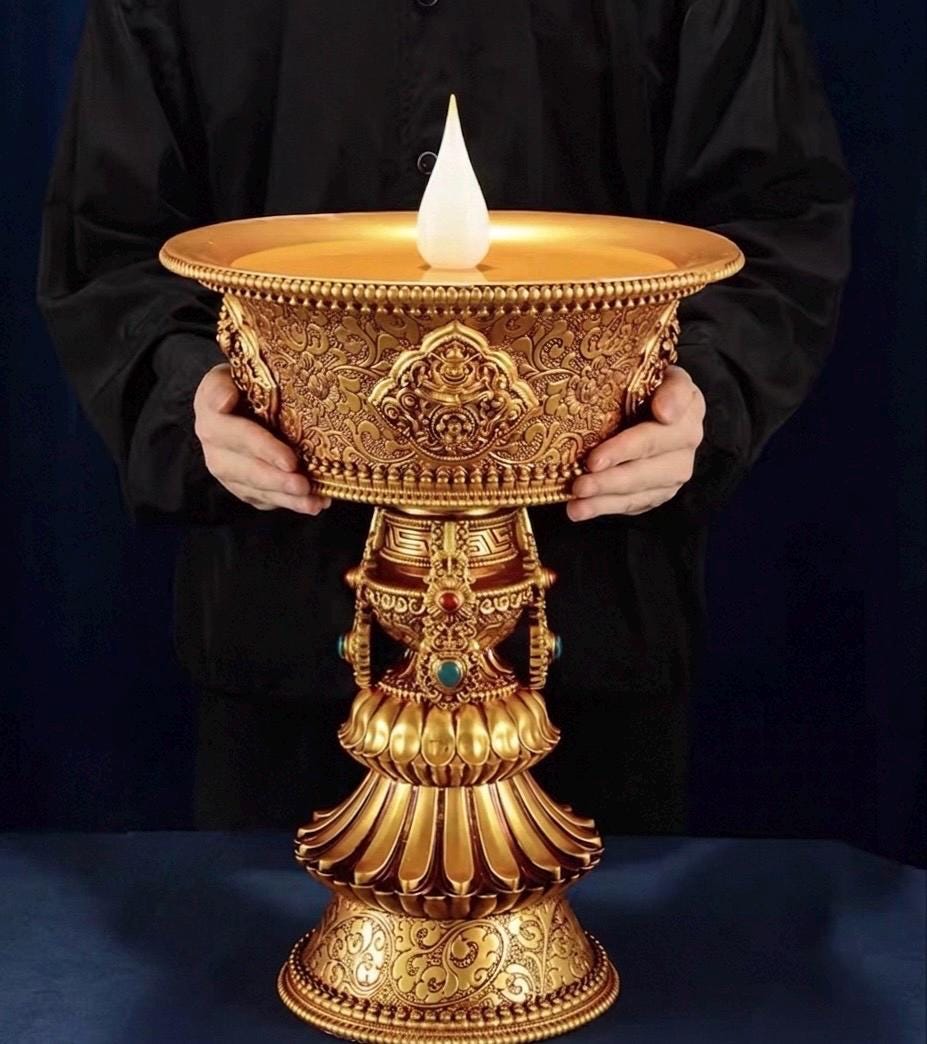 Electric Butter Lamp with LED Flame, 8 Auspicious Symbols Buddhist Offering Light, Rechargeable & Plugin Lotus Candle Holder for Home Altar