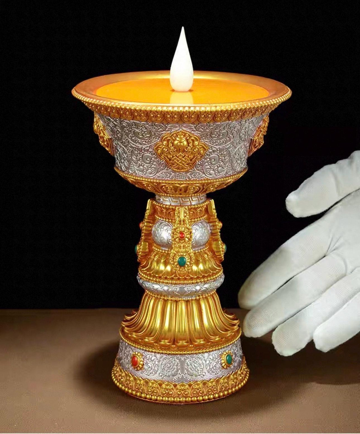 LED Ghee Lamp Holder, Rechargeable Electric Buddha Light, Eight Auspicious Buddhist Candle Holder, Zen Altar Decor, Mindfulness Gift