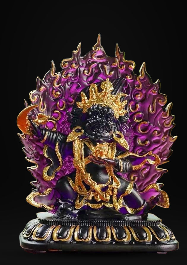 Ancient Glass Two-Armed Mahakala Dharma Protector, Traditional Liuli Art, Home Altar Sacred Décor