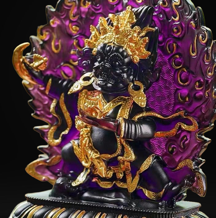 Ancient Glass Two-Armed Mahakala Dharma Protector, Traditional Liuli Art, Home Altar Sacred Décor