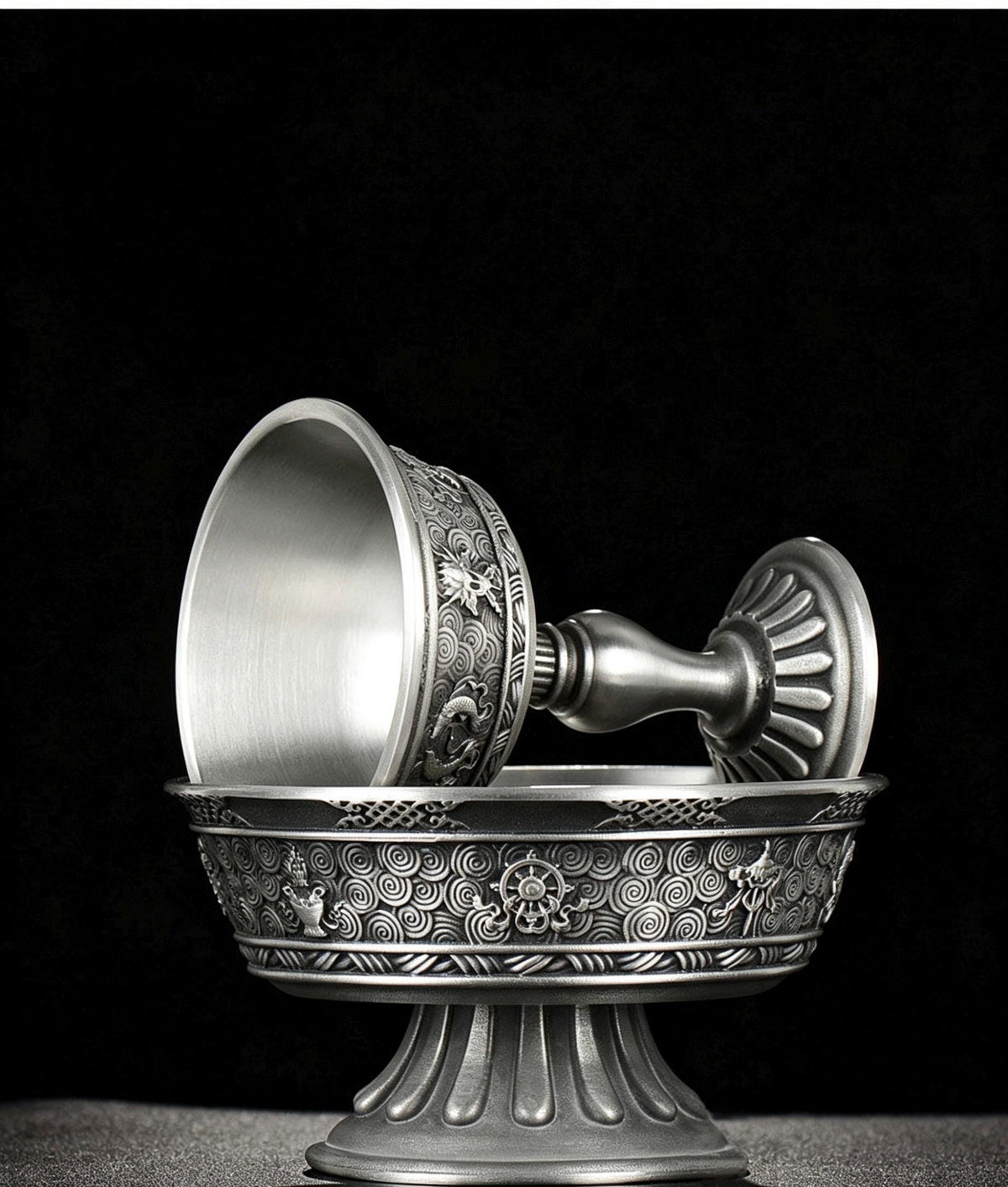 Tibetan Pewter Offering Bowl with 8 Auspicious Symbols, Buddhist Altar Ritual Cup, Footed Holy Water Chalice, Spiritual Meditation Decor
