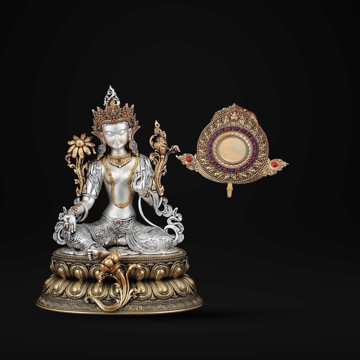 Nepali Green Tara Statue, Silver Plated Gold Gilded Copper Bodhisattva, Tibetan Buddhist Home Altar Decor, White Tara Blessing Sculpture