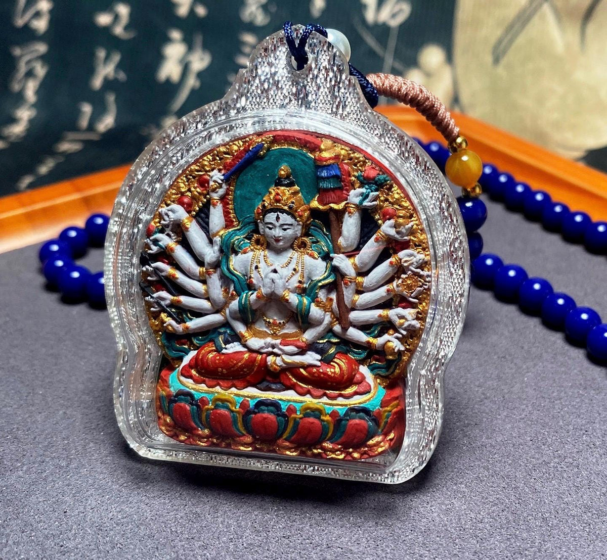 Hand-Painted Cundi Bodhisattva Tsatsa Pendant, Mineral Painted Tibetan Amulet, Eighteen-Armed Mother of Buddhas Gau Box Necklace