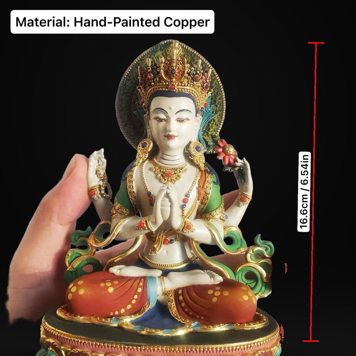 Gilded Copper Four Armed Avalokiteshvara Statue, Nepalese Buddha Figurine, Painted Chenrezig Bodhisattva Deity Altarpiece Home Decor Gift