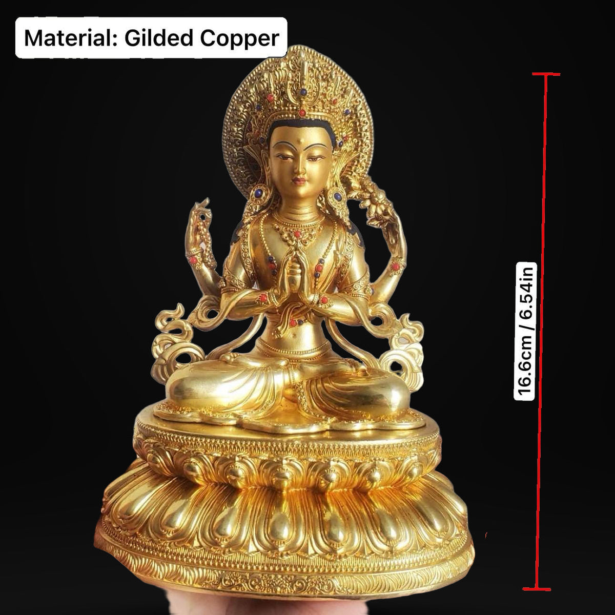 Gilded Copper Four Armed Avalokiteshvara Statue, Nepalese Buddha Figurine, Painted Chenrezig Bodhisattva Deity Altarpiece Home Decor Gift