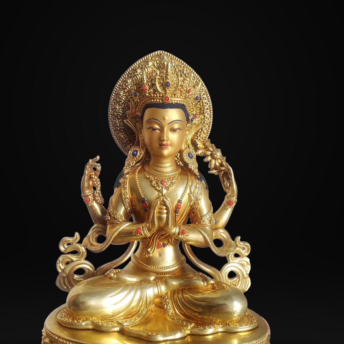 Gilded Copper Four Armed Avalokiteshvara Statue, Nepalese Buddha Figurine, Painted Chenrezig Bodhisattva Deity Altarpiece Home Decor Gift
