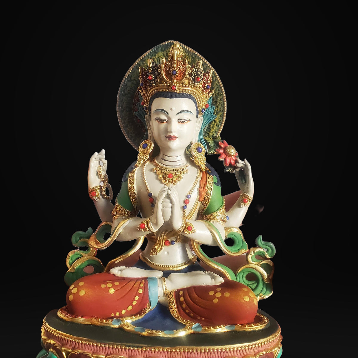 Gilded Copper Four Armed Avalokiteshvara Statue, Nepalese Buddha Figurine, Painted Chenrezig Bodhisattva Deity Altarpiece Home Decor Gift
