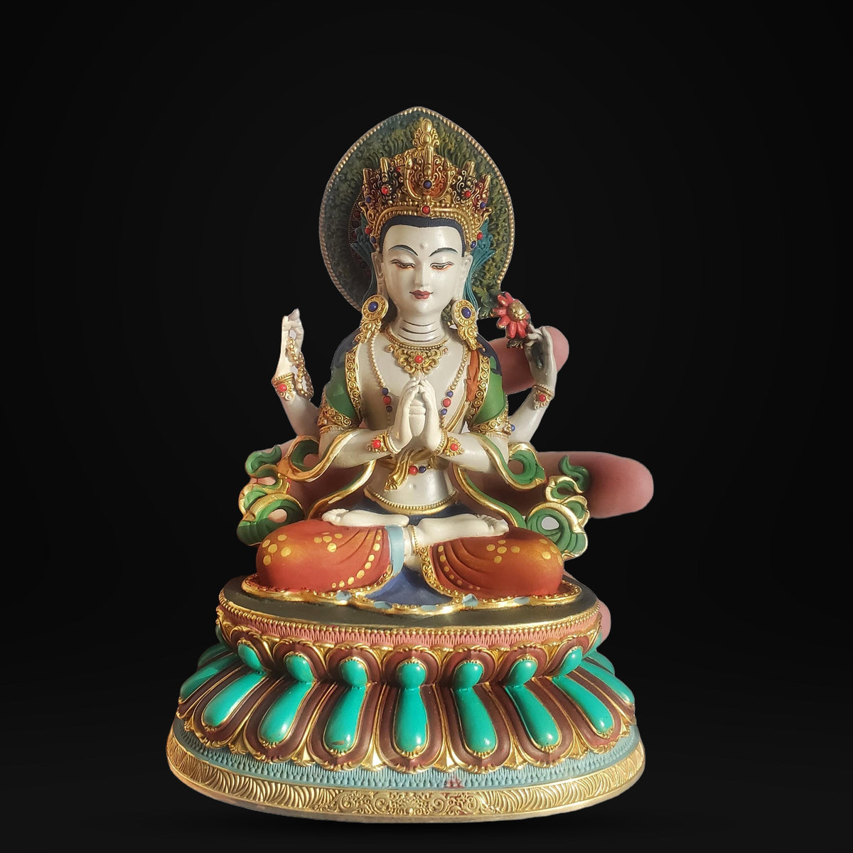 Gilded Copper Four Armed Avalokiteshvara Statue, Nepalese Buddha Figurine, Painted Chenrezig Bodhisattva Deity Altarpiece Home Decor Gift