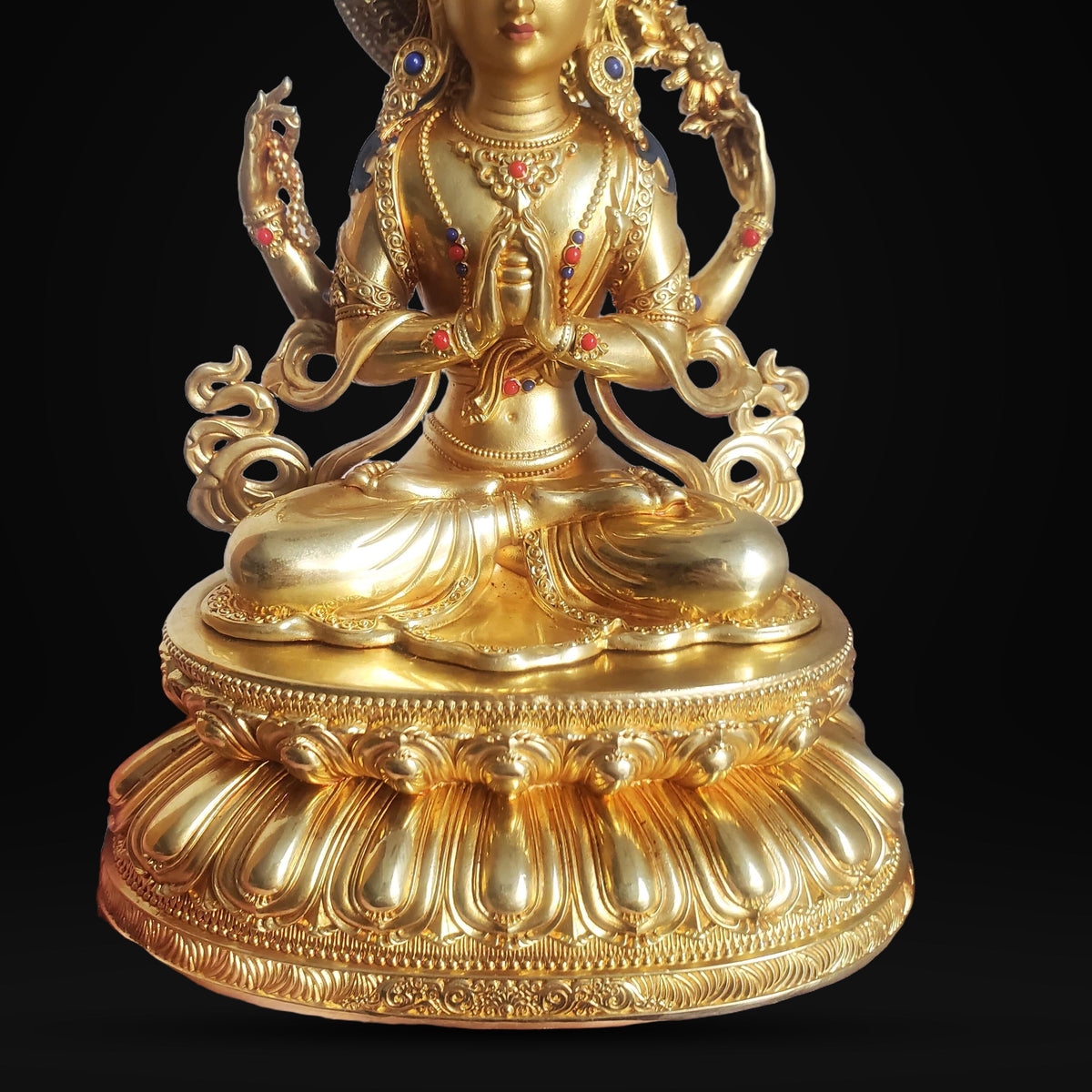 Gilded Copper Four Armed Avalokiteshvara Statue, Nepalese Buddha Figurine, Painted Chenrezig Bodhisattva Deity Altarpiece Home Decor Gift