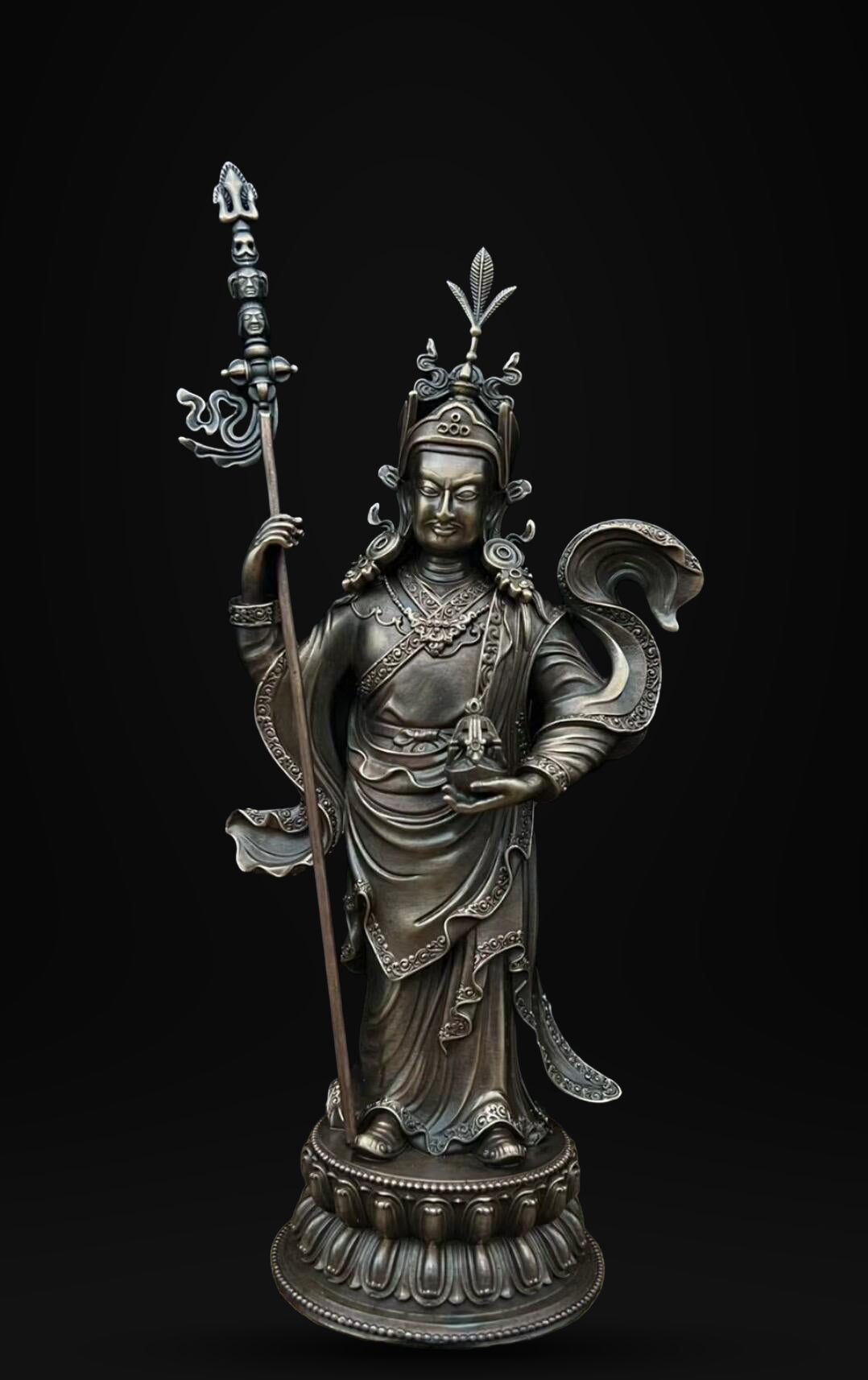 Padmasambhava Statue, Solid Brass Standing Guru Rinpoche, Nepalese Tibetan Buddhist Altar Sculpture, Himalayan Art Home Shrine Decor