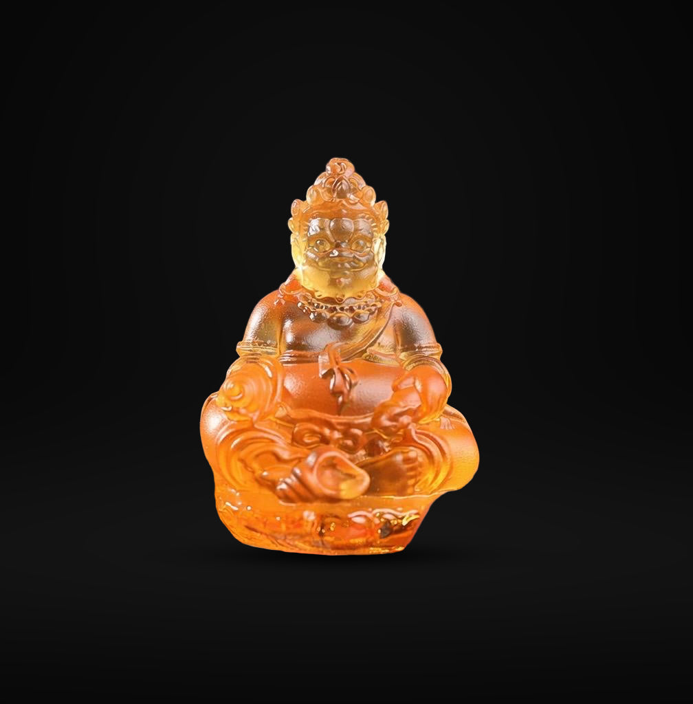Mini Yellow Dzambhala Statue, 2" Liuli Glass Buddha, Feng Shui Car Dashboard Decor, God of Wealth Office Desk Ornament, Buddhist Gift