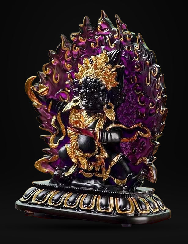 Ancient Glass Two-Armed Mahakala Dharma Protector, Traditional Liuli Art, Home Altar Sacred Décor