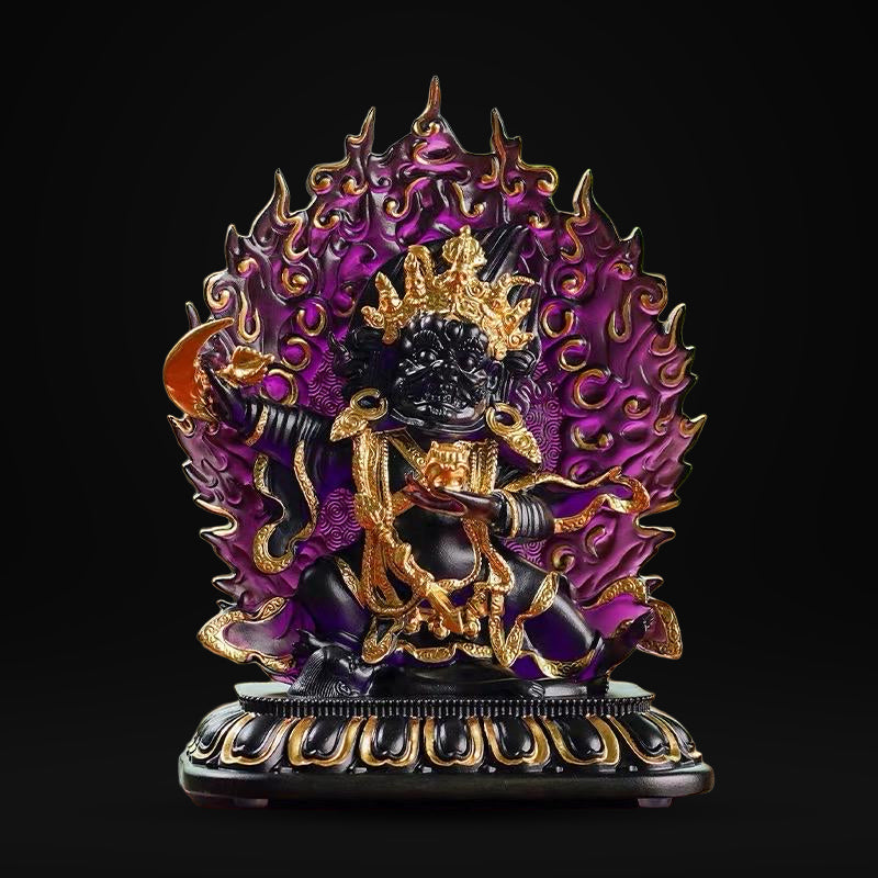 Ancient Glass Two-Armed Mahakala Dharma Protector, Traditional Liuli Art, Home Altar Sacred Décor