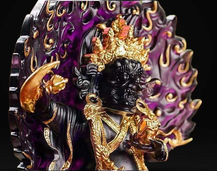 Ancient Glass Two-Armed Mahakala Dharma Protector, Traditional Liuli Art, Home Altar Sacred Décor