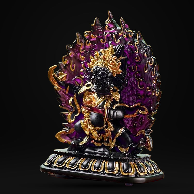 Ancient Glass Two-Armed Mahakala Dharma Protector, Traditional Liuli Art, Home Altar Sacred Décor