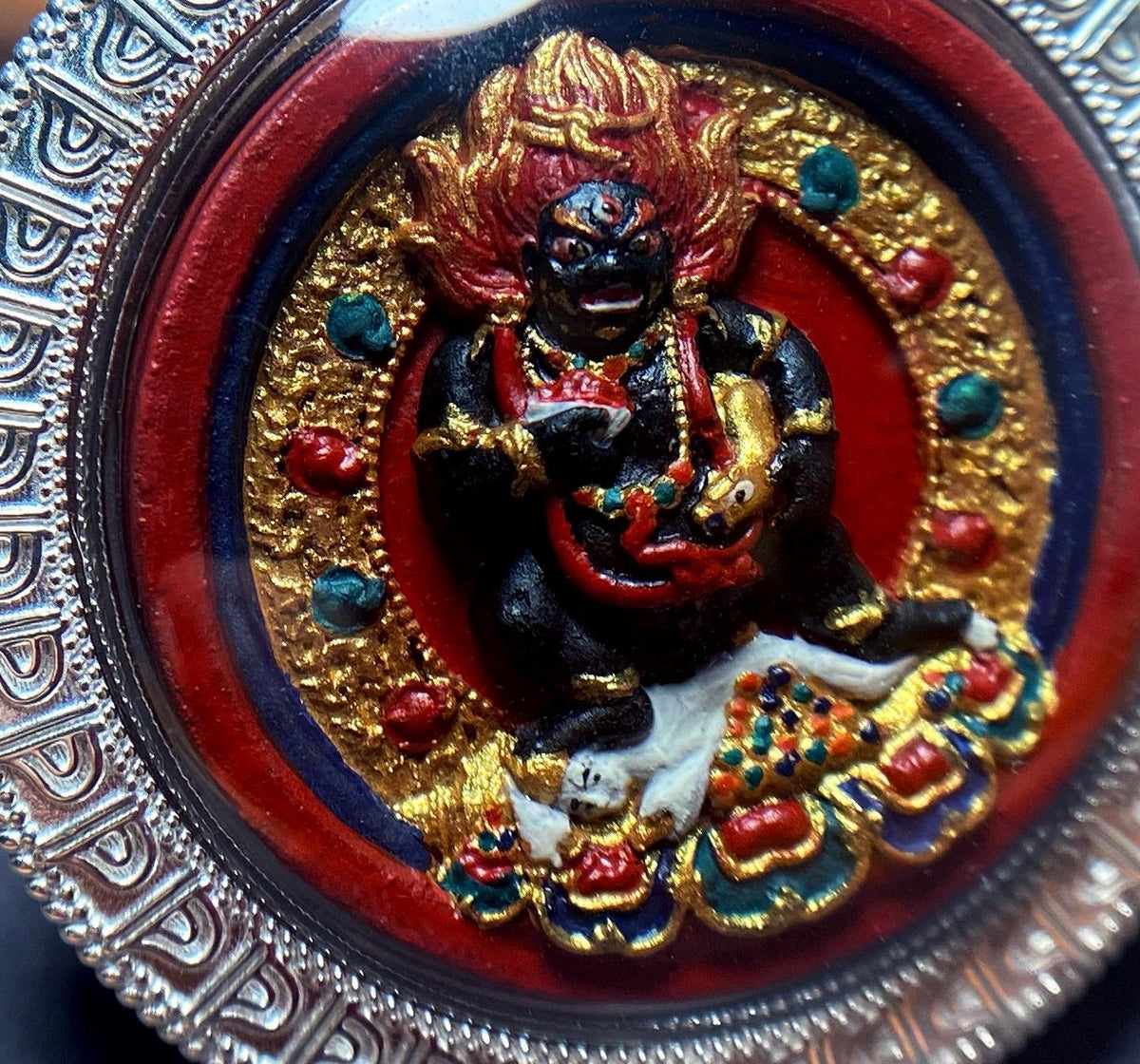 Hand Painted Two Sided Tsa Tsa Pendant Yellow Black Kubera, Genuine Mineral Pigments Buddhist Amulet, Heavy Solid Silver Gau Box Necklace