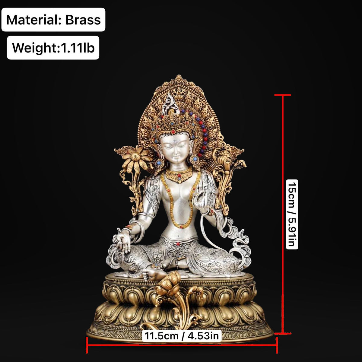 Nepali Green Tara Statue, Silver Plated Gold Gilded Copper Bodhisattva, Tibetan Buddhist Home Altar Decor, White Tara Blessing Sculpture