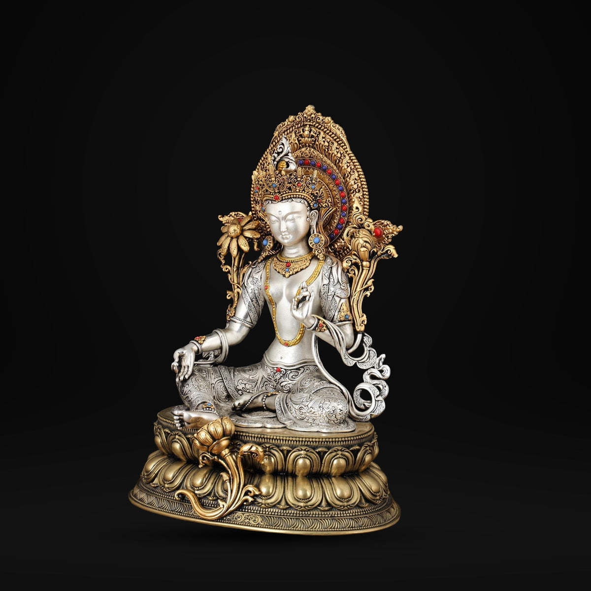 Nepali Green Tara Statue, Silver Plated Gold Gilded Copper Bodhisattva, Tibetan Buddhist Home Altar Decor, White Tara Blessing Sculpture
