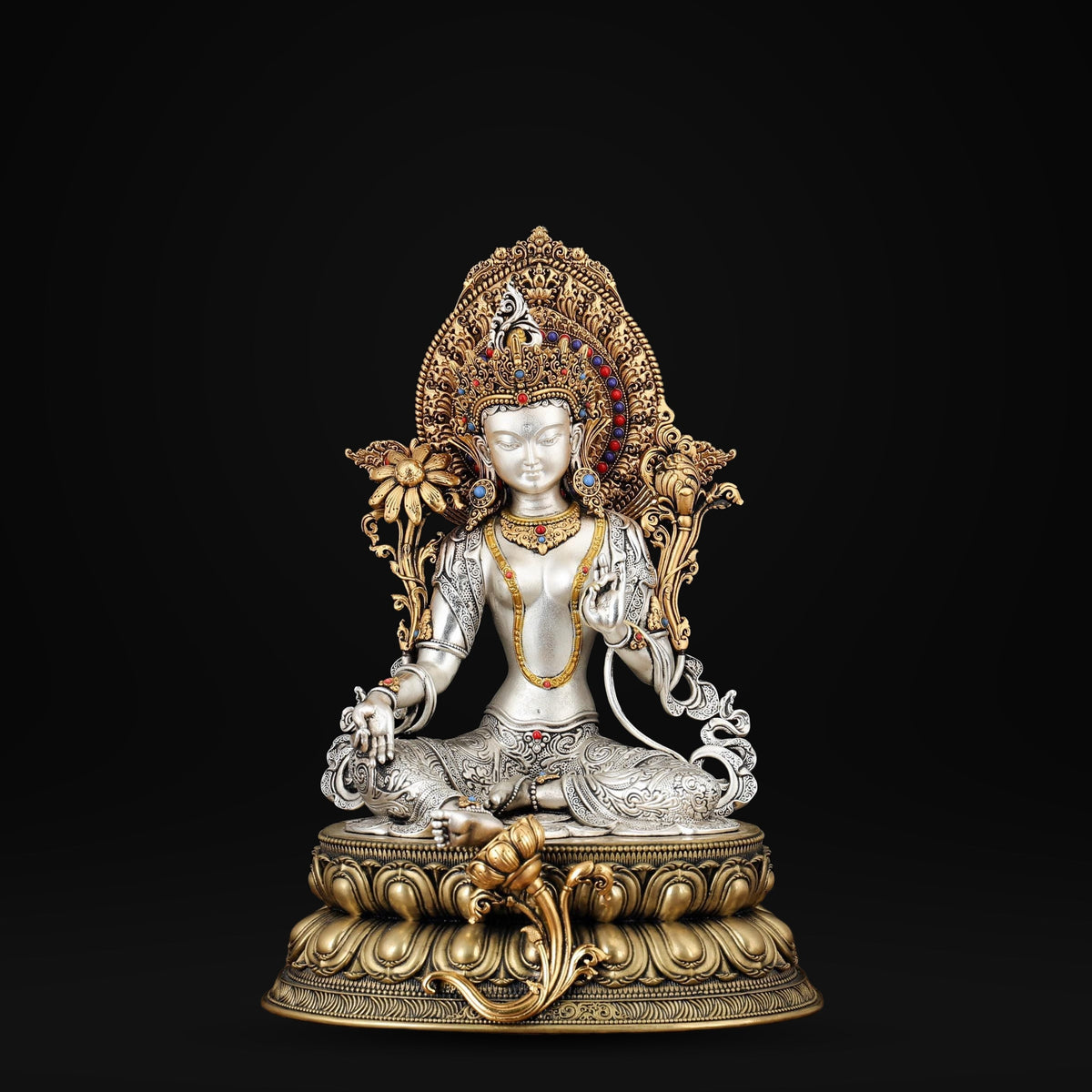 Nepali Green Tara Statue, Silver Plated Gold Gilded Copper Bodhisattva, Tibetan Buddhist Home Altar Decor, White Tara Blessing Sculpture