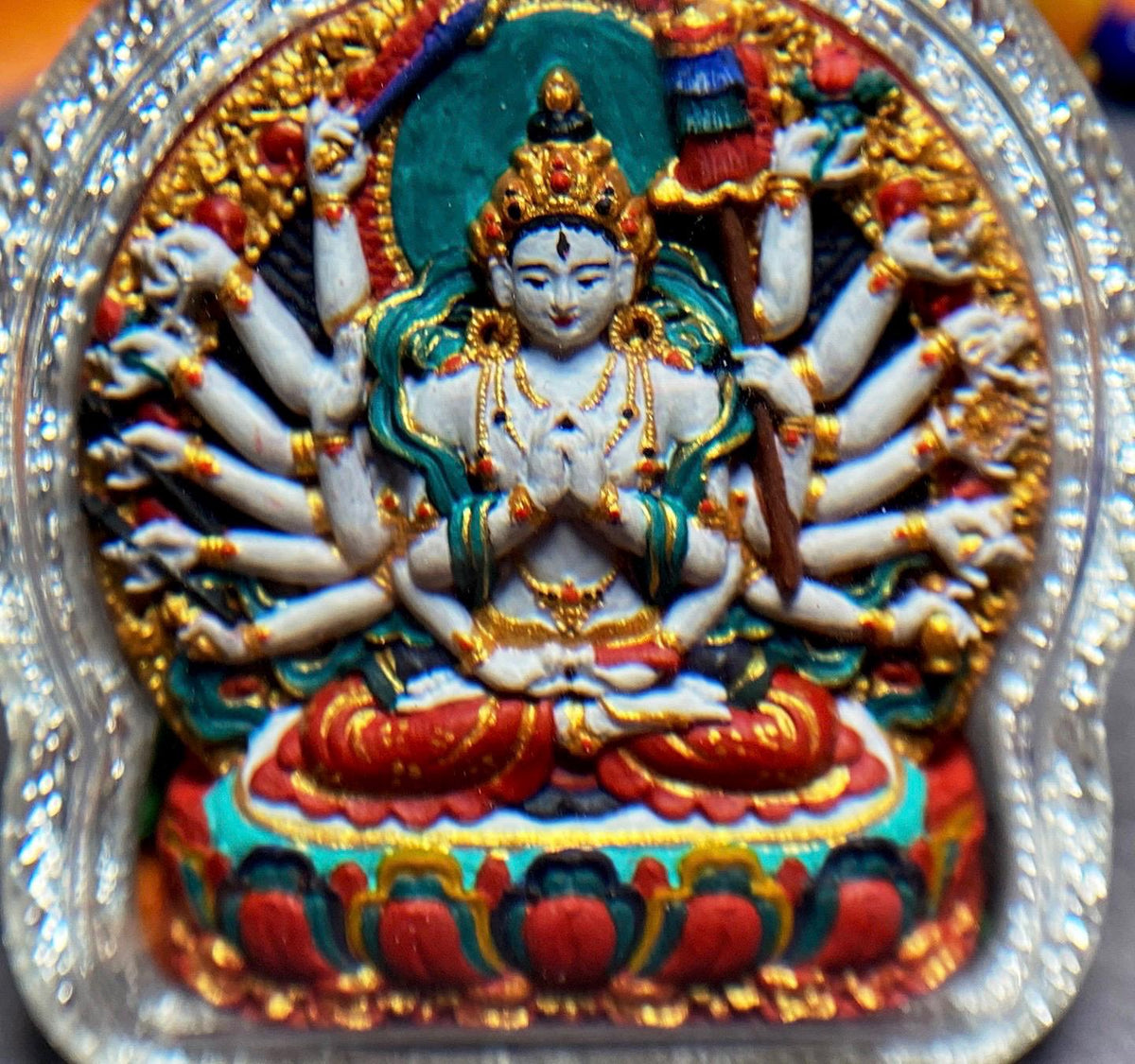 Hand-Painted Cundi Bodhisattva Tsatsa Pendant, Mineral Painted Tibetan Amulet, Eighteen-Armed Mother of Buddhas Gau Box Necklace