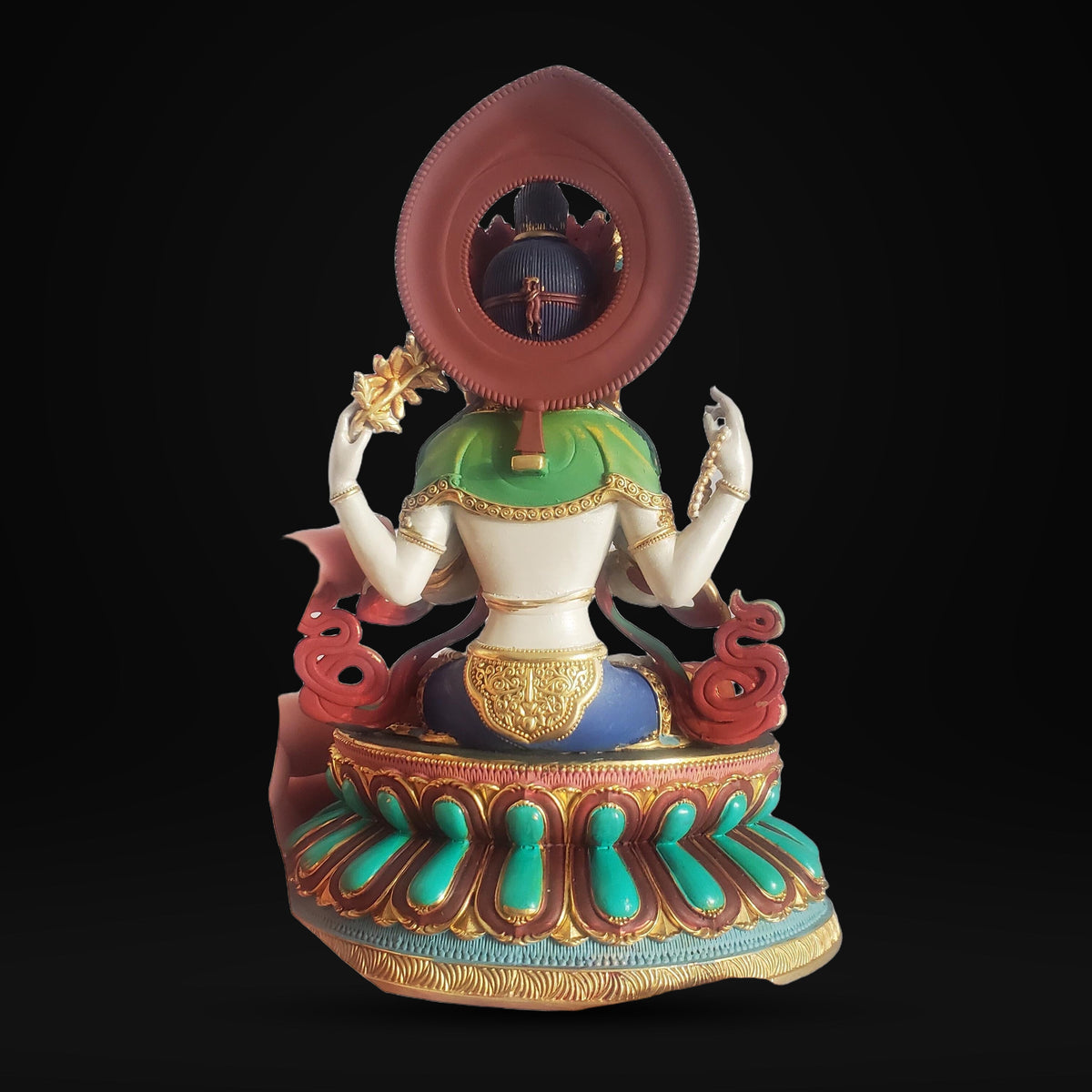 Gilded Copper Four Armed Avalokiteshvara Statue, Nepalese Buddha Figurine, Painted Chenrezig Bodhisattva Deity Altarpiece Home Decor Gift