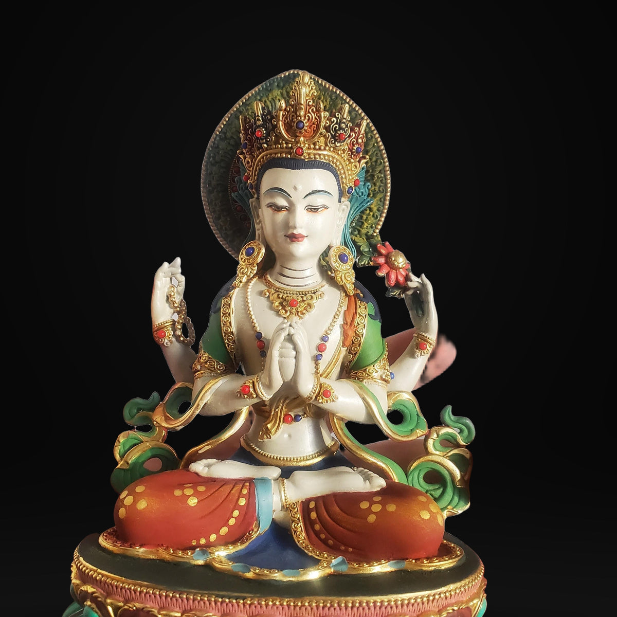 Gilded Copper Four Armed Avalokiteshvara Statue, Nepalese Buddha Figurine, Painted Chenrezig Bodhisattva Deity Altarpiece Home Decor Gift