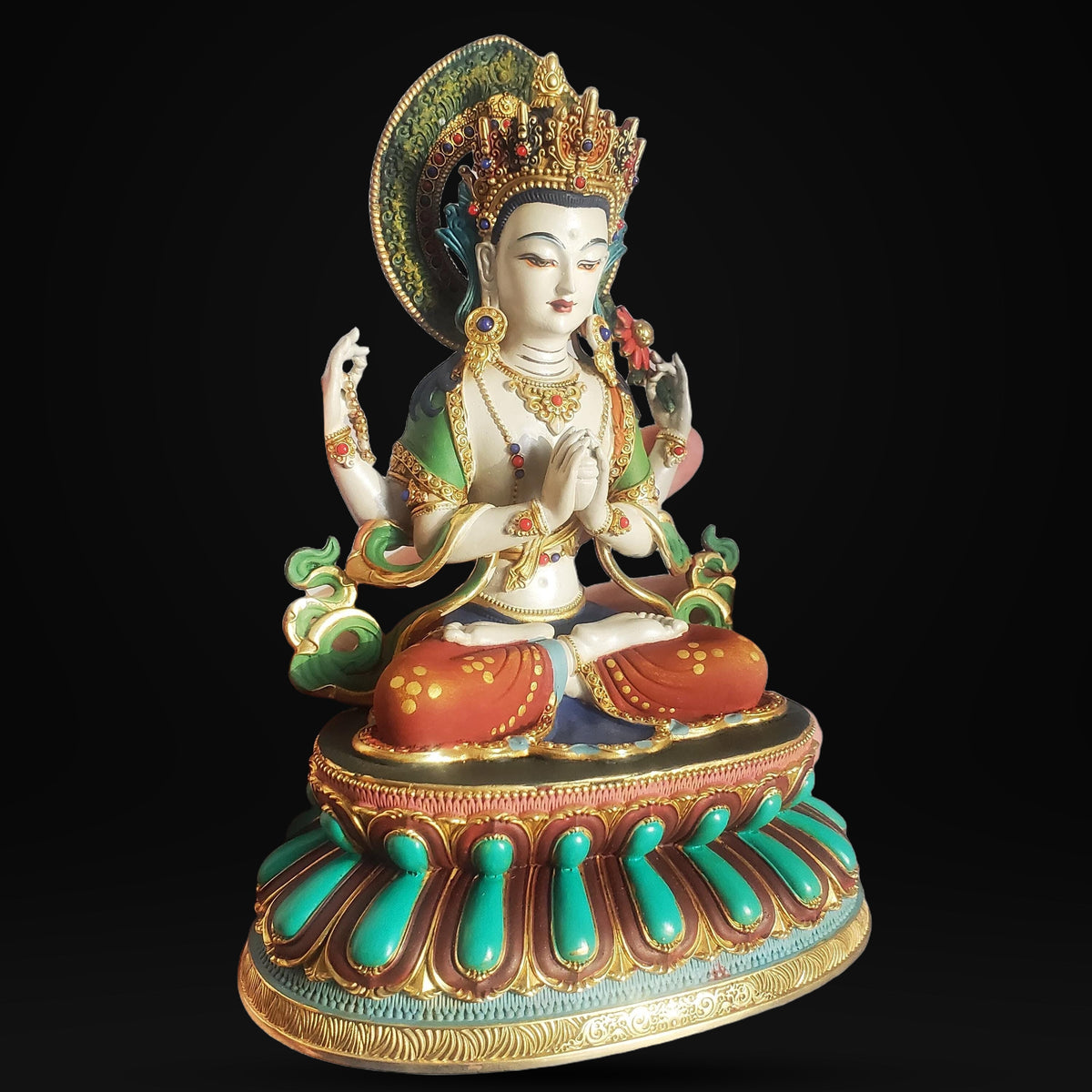 Gilded Copper Four Armed Avalokiteshvara Statue, Nepalese Buddha Figurine, Painted Chenrezig Bodhisattva Deity Altarpiece Home Decor Gift