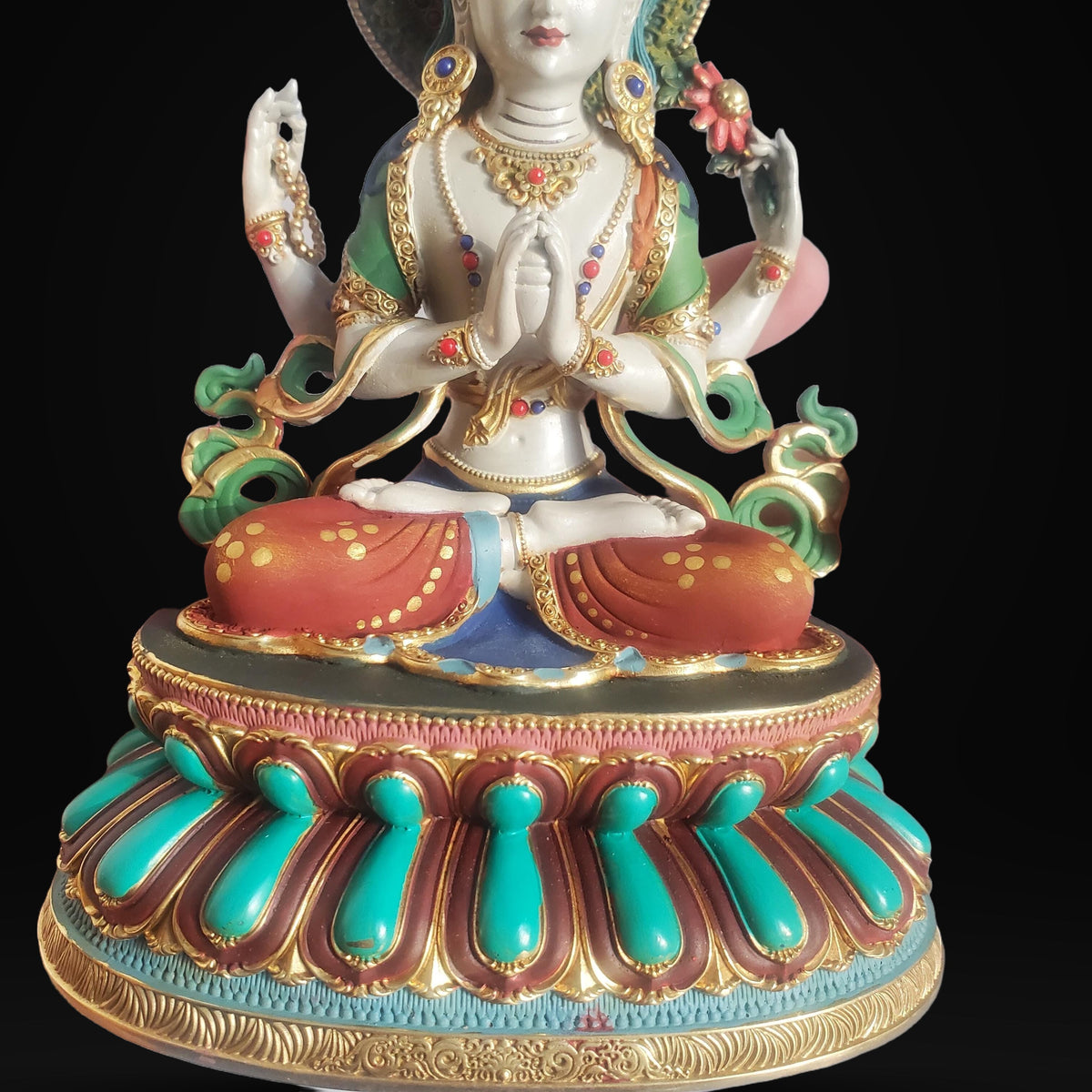 Gilded Copper Four Armed Avalokiteshvara Statue, Nepalese Buddha Figurine, Painted Chenrezig Bodhisattva Deity Altarpiece Home Decor Gift