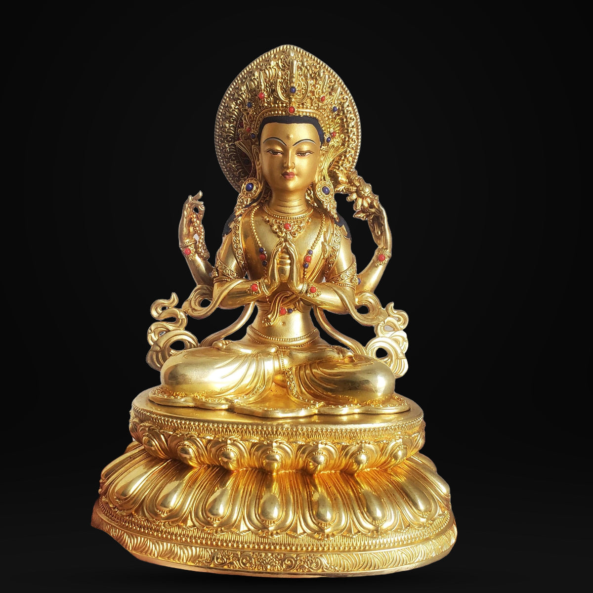Gilded Copper Four Armed Avalokiteshvara Statue, Nepalese Buddha Figurine, Painted Chenrezig Bodhisattva Deity Altarpiece Home Decor Gift