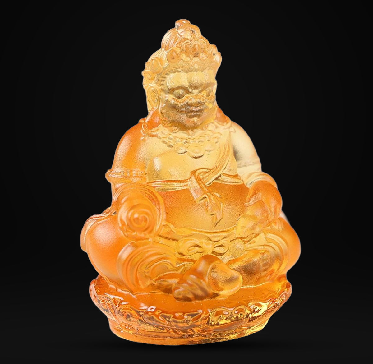 Mini Yellow Dzambhala Statue, 2" Liuli Glass Buddha, Feng Shui Car Dashboard Decor, God of Wealth Office Desk Ornament, Buddhist Gift