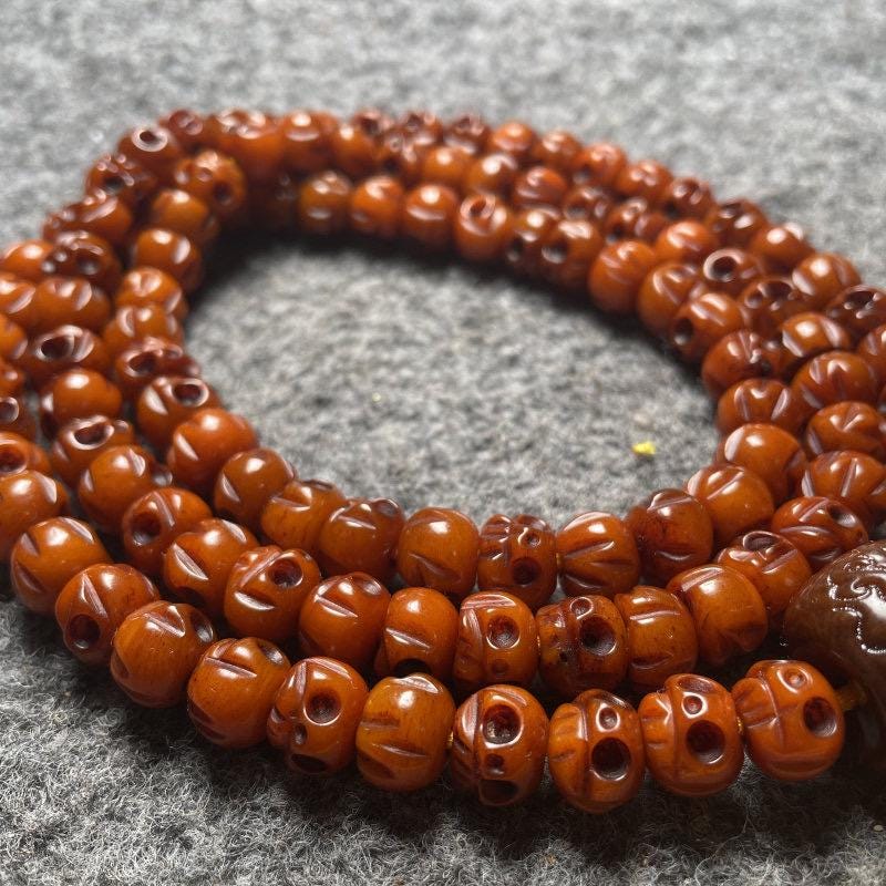 Tibetan Yak Bone Mala Beads 108, 10mm Oily Distressed Bone Bracelet, Carved Skull Charm Prayer Beads, Buddhist Meditation Necklace