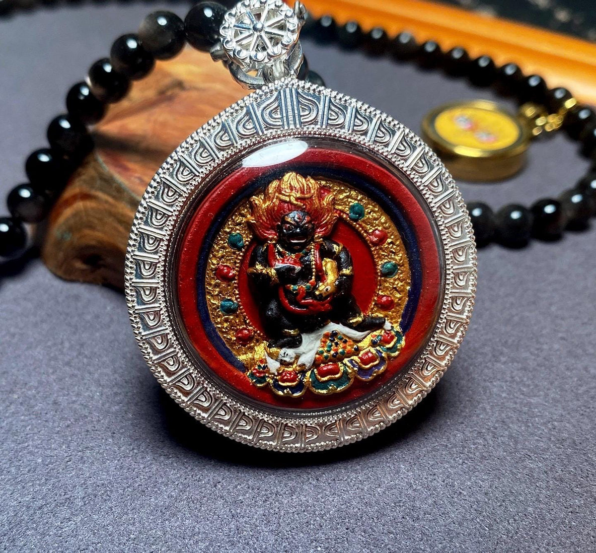 Hand Painted Two Sided Tsa Tsa Pendant Yellow Black Kubera, Genuine Mineral Pigments Buddhist Amulet, Heavy Solid Silver Gau Box Necklace