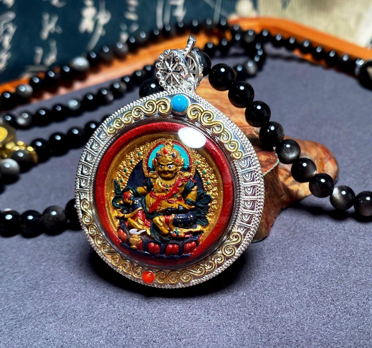 Hand Painted Two Sided Tsa Tsa Pendant Yellow Black Kubera, Genuine Mineral Pigments Buddhist Amulet, Heavy Solid Silver Gau Box Necklace