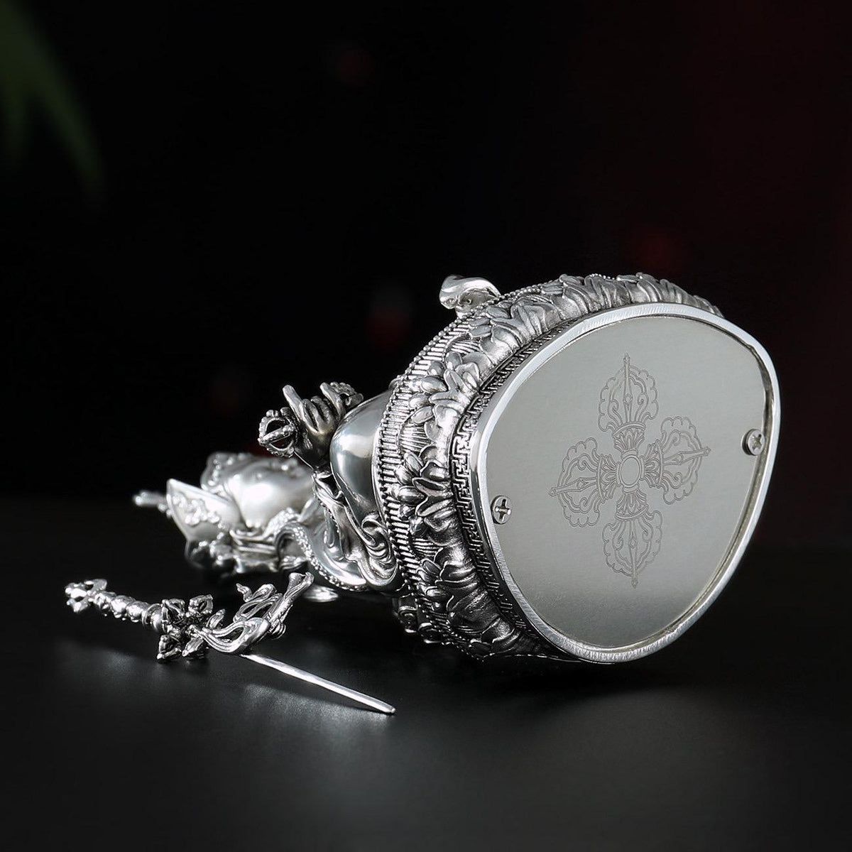 Padmasambhava Statue Guru Rinpoche Tibetan Buddhist Buddha, Silver Plated White Copper Guru Rinpoche Figurine, Altar Shrine Meditation Decor