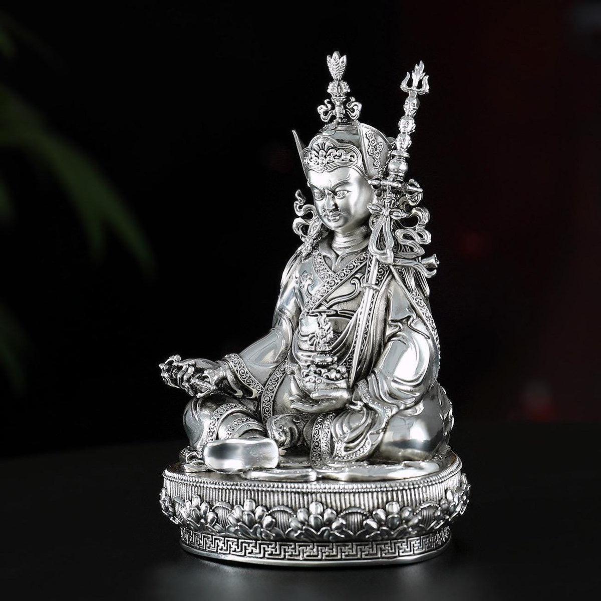 Padmasambhava Statue Guru Rinpoche Tibetan Buddhist Buddha, Silver Plated White Copper Guru Rinpoche Figurine, Altar Shrine Meditation Decor