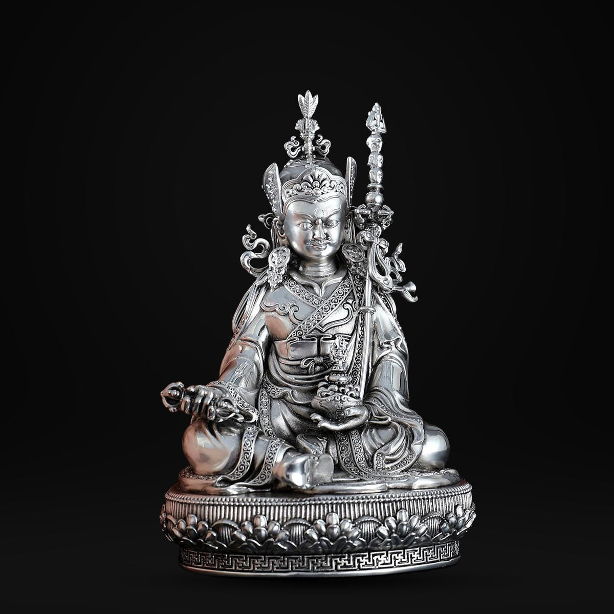 Padmasambhava Statue Guru Rinpoche Tibetan Buddhist Buddha, Silver Plated White Copper Guru Rinpoche Figurine, Altar Shrine Meditation Decor