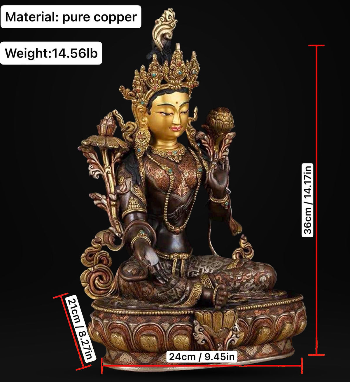 14 Inch Green Tara Statue, Nepalese Handmade Copper Gilt Silver Tara, Tibetan Buddhist Goddess, Feng Shui Altar Decor, Healing Mother Buddha