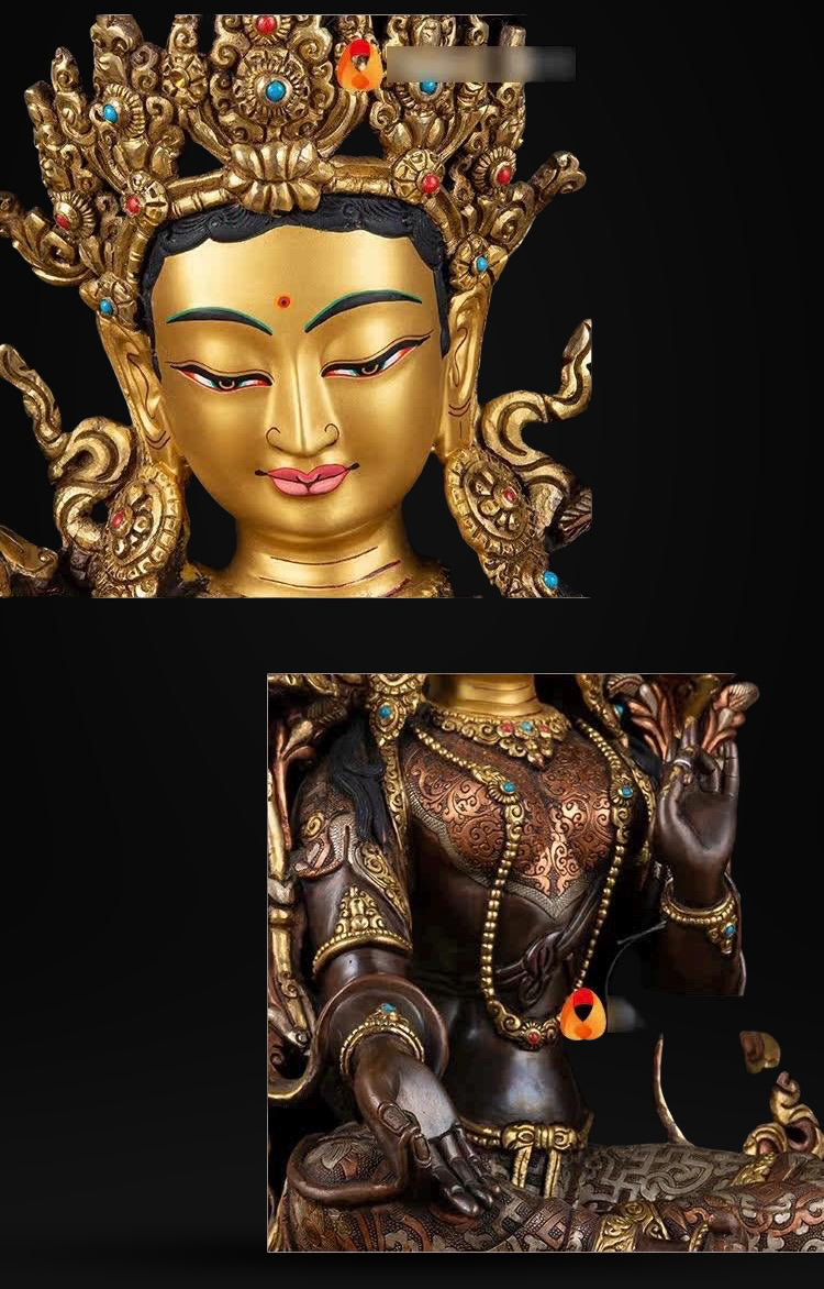 14 Inch Green Tara Statue, Nepalese Handmade Copper Gilt Silver Tara, Tibetan Buddhist Goddess, Feng Shui Altar Decor, Healing Mother Buddha