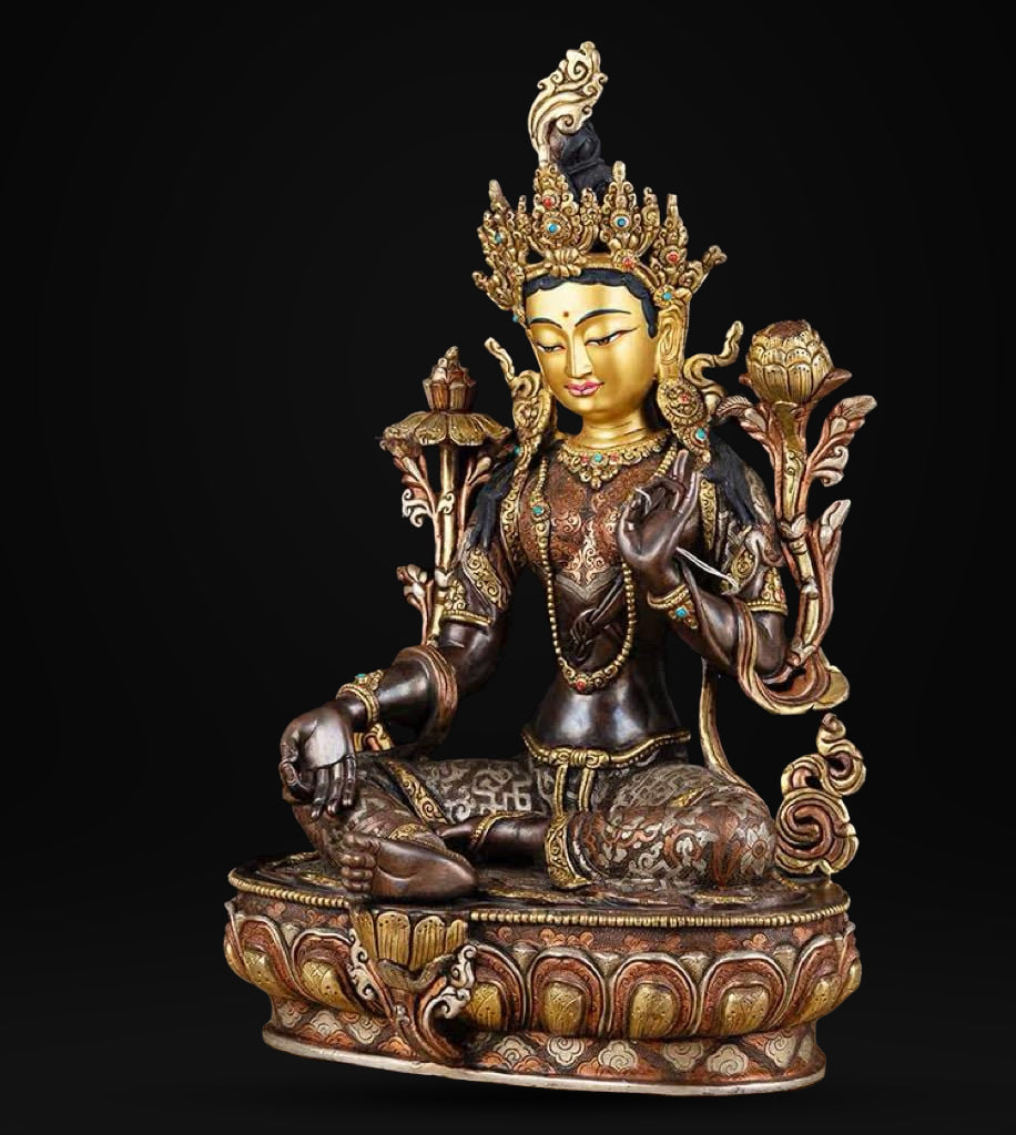 14 Inch Green Tara Statue, Nepalese Handmade Copper Gilt Silver Tara, Tibetan Buddhist Goddess, Feng Shui Altar Decor, Healing Mother Buddha