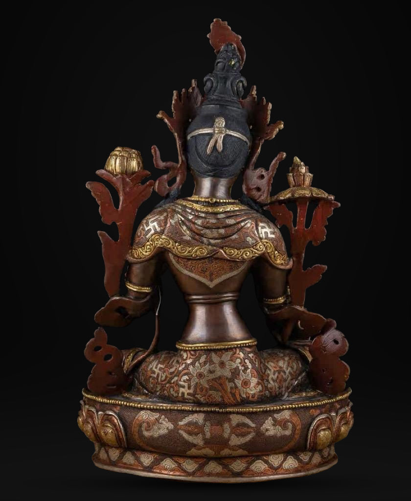 14 Inch Green Tara Statue, Nepalese Handmade Copper Gilt Silver Tara, Tibetan Buddhist Goddess, Feng Shui Altar Decor, Healing Mother Buddha