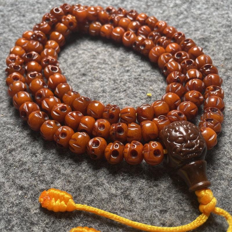 Tibetan Yak Bone Mala Beads 108, 10mm Oily Distressed Bone Bracelet, Carved Skull Charm Prayer Beads, Buddhist Meditation Necklace