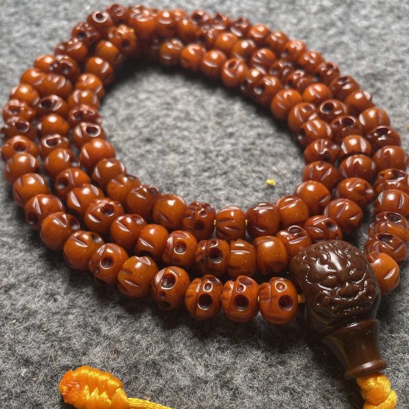 Tibetan Yak Bone Mala Beads 108, 10mm Oily Distressed Bone Bracelet, Carved Skull Charm Prayer Beads, Buddhist Meditation Necklace
