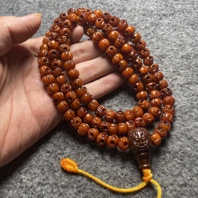 Tibetan Yak Bone Mala Beads 108, 10mm Oily Distressed Bone Bracelet, Carved Skull Charm Prayer Beads, Buddhist Meditation Necklace