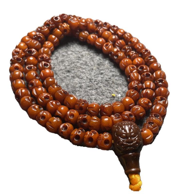 Tibetan Yak Bone Mala Beads 108, 10mm Oily Distressed Bone Bracelet, Carved Skull Charm Prayer Beads, Buddhist Meditation Necklace