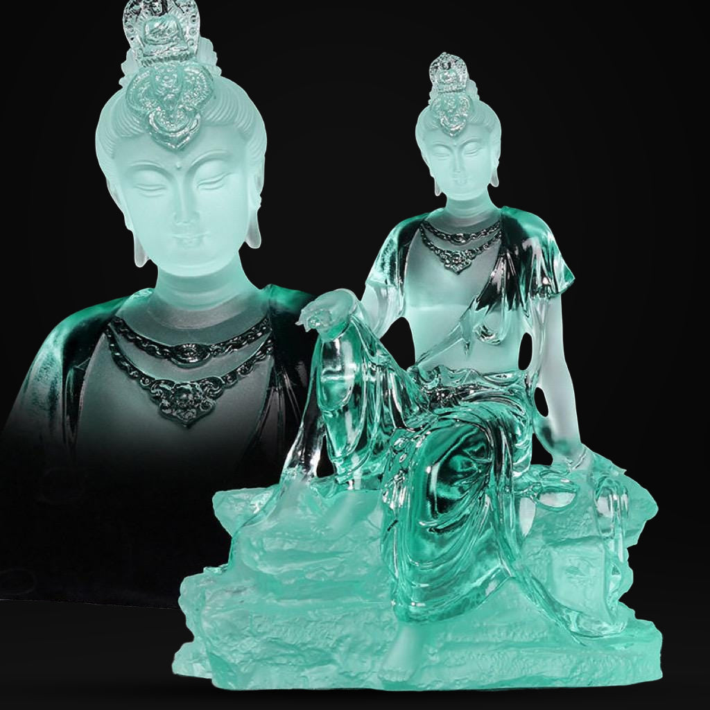 Colored Glaze Guanyin Statue • Avalokiteshvara Buddha Sculpture • Water Moon Guanyin for Home Altar • Zen Buddhist Decor • Feng Shui Gift