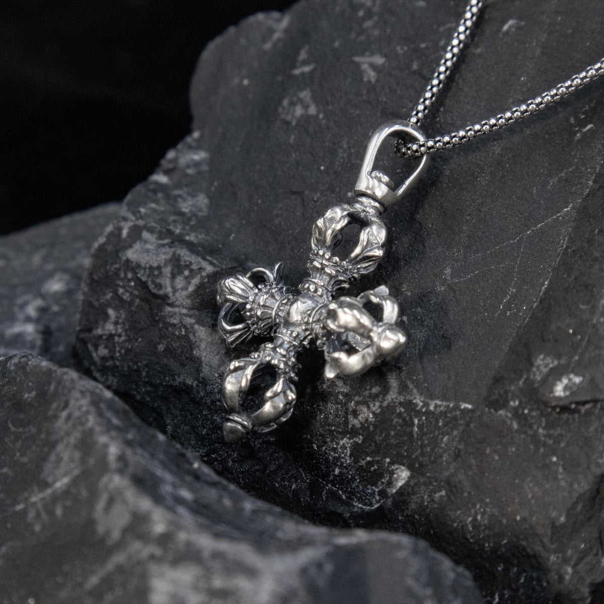 Vintage 925 Silver Vajra Cross Pendant, Retro Oxidized Dorje Necklace for Men Women, Buddhist Phurba Charm, Punk Gothic Streetwear Jewelry