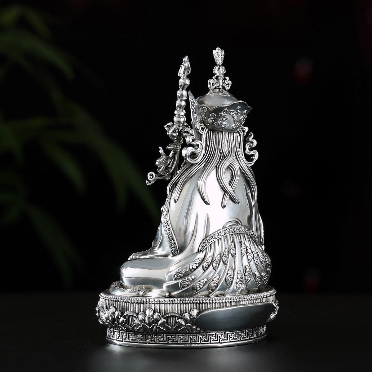 Padmasambhava Statue Guru Rinpoche Tibetan Buddhist Buddha, Silver Plated White Copper Guru Rinpoche Figurine, Altar Shrine Meditation Decor