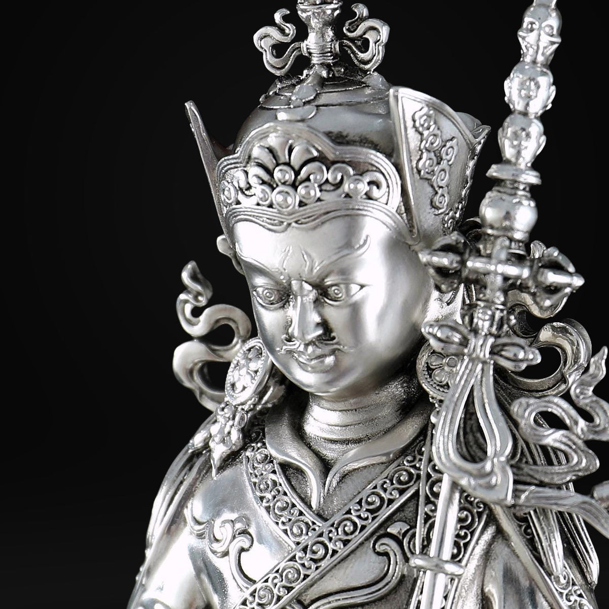 Padmasambhava Statue Guru Rinpoche Tibetan Buddhist Buddha, Silver Plated White Copper Guru Rinpoche Figurine, Altar Shrine Meditation Decor