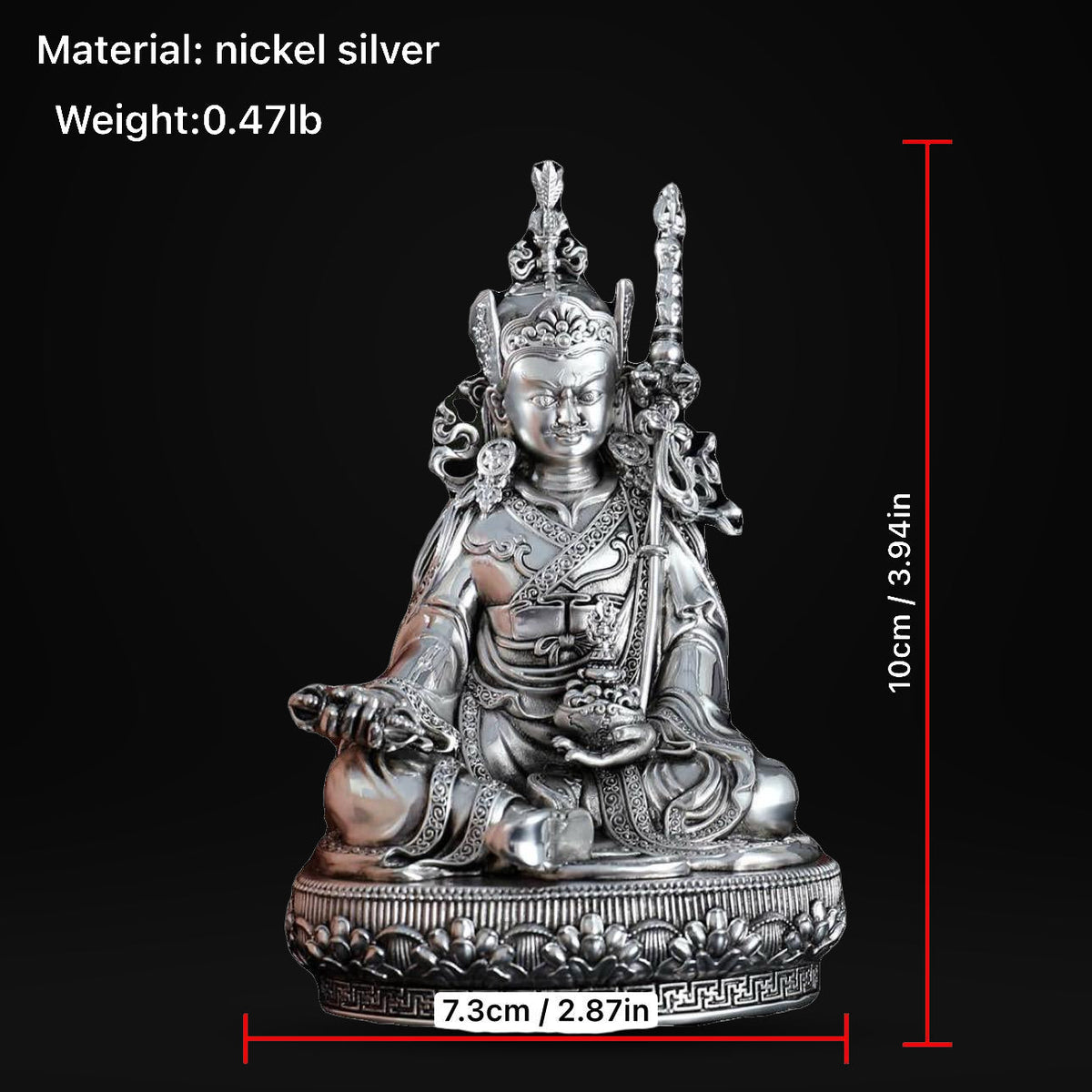 Padmasambhava Statue Guru Rinpoche Tibetan Buddhist Buddha, Silver Plated White Copper Guru Rinpoche Figurine, Altar Shrine Meditation Decor