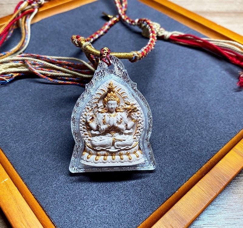 Handpainted Tsa Tsa Pendant Chenrezig Avalokiteshvara, Tibetan Buddhist Amulet, Sacred Incense Ash Miniature Thangka Necklace Gift